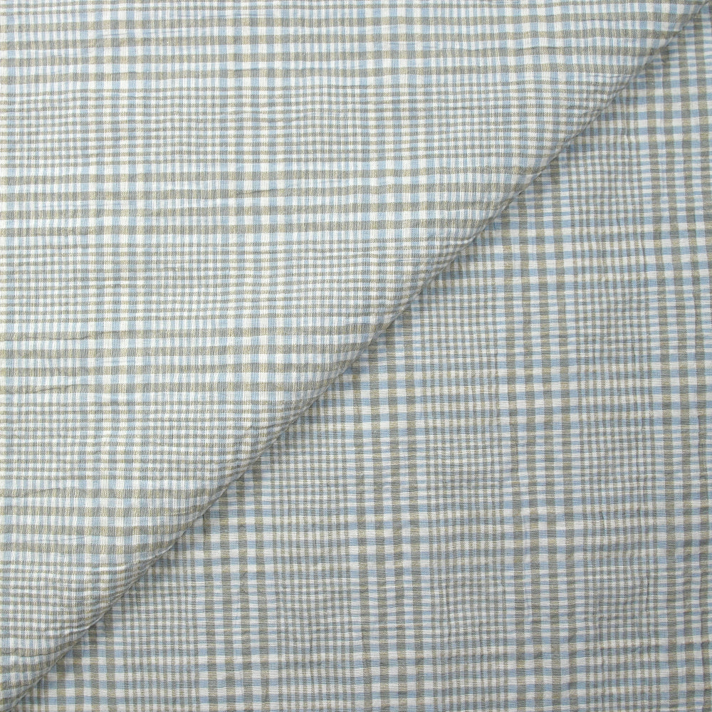 Coton à carreaux froissé ciel et taupe fond blanc
