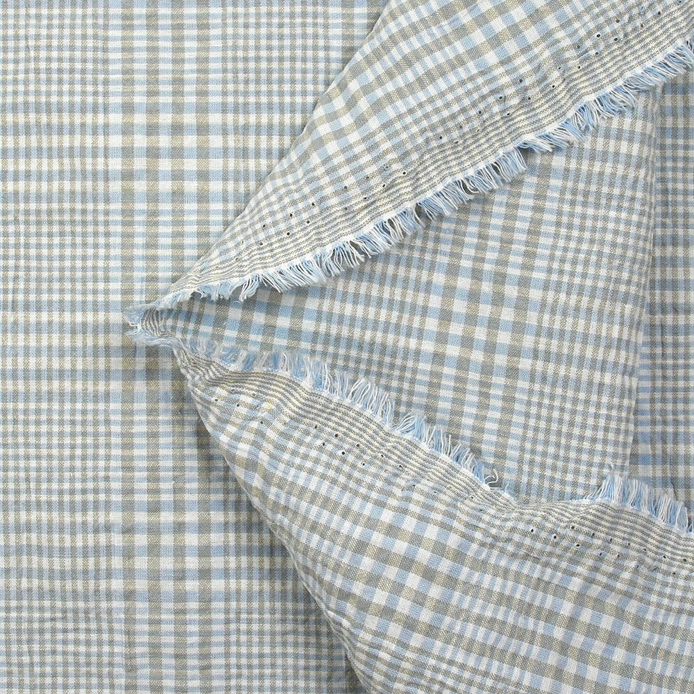 Coton à carreaux froissé ciel et taupe fond blanc - Image 6