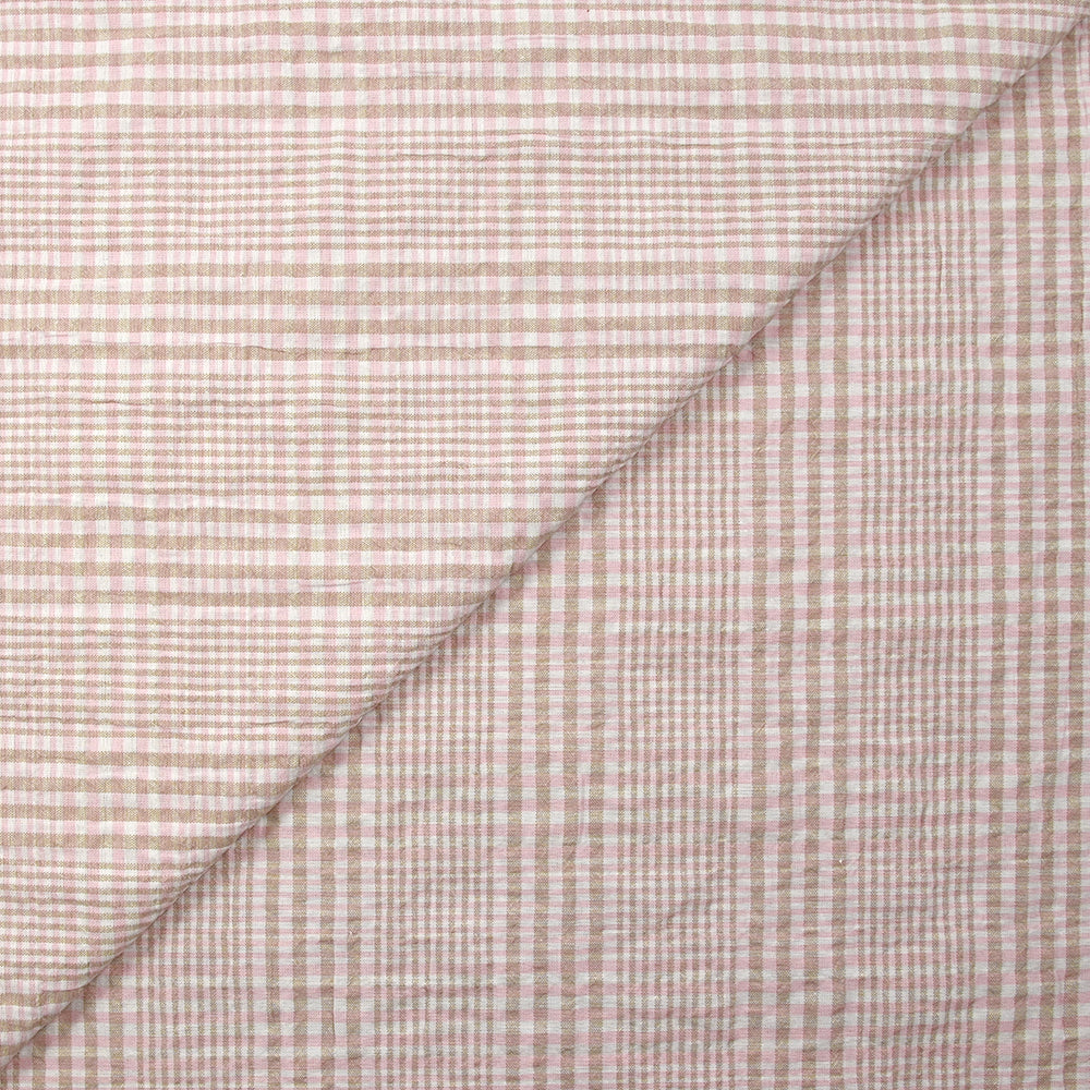 Coton à carreaux froissé rose et taupe fond blanc