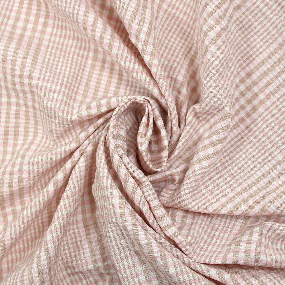 Coton à carreaux froissé rose et taupe fond blanc - Image 2