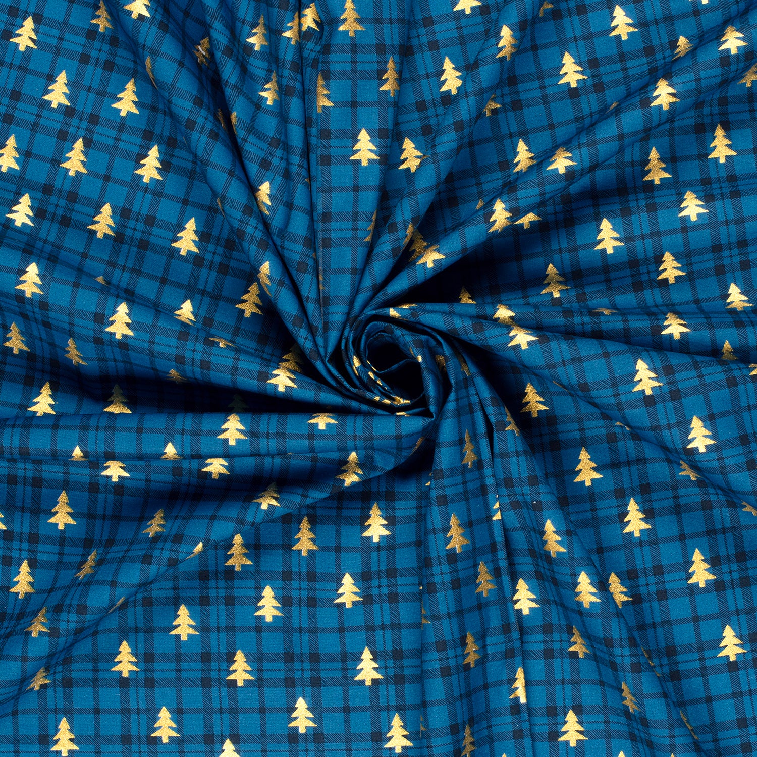 Coton de Noël imprimé tartan et sapin doré fond bleu - Image 2