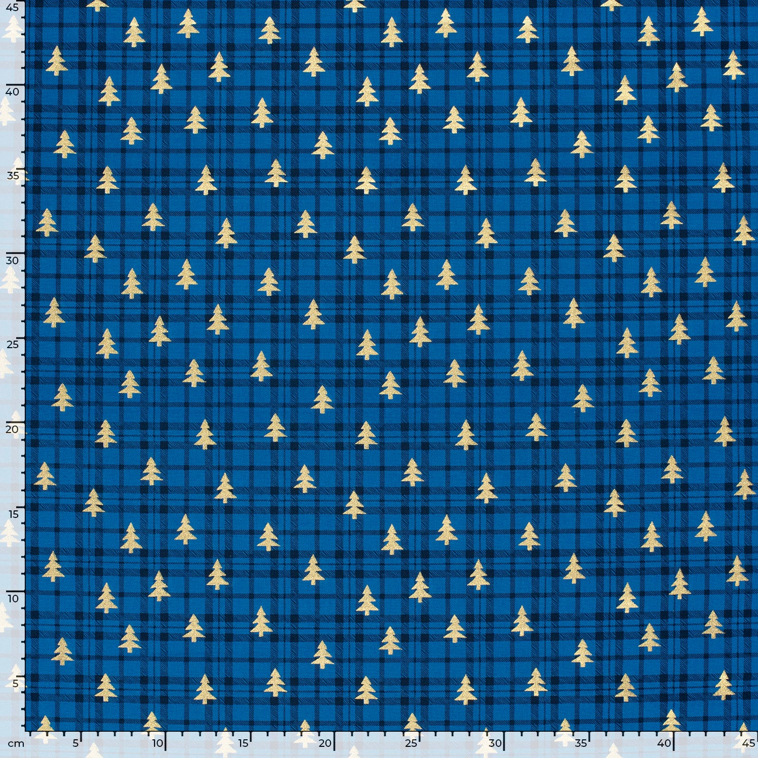 Coton de Noël imprimé tartan et sapin doré fond bleu - Image 4