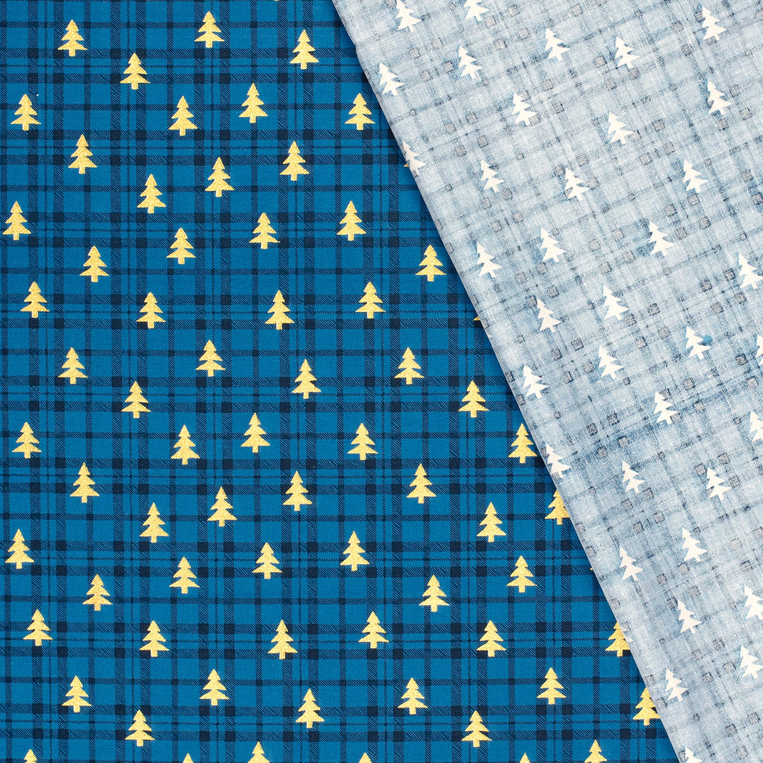 Coton de Noël imprimé tartan et sapin doré fond bleu - Image 5