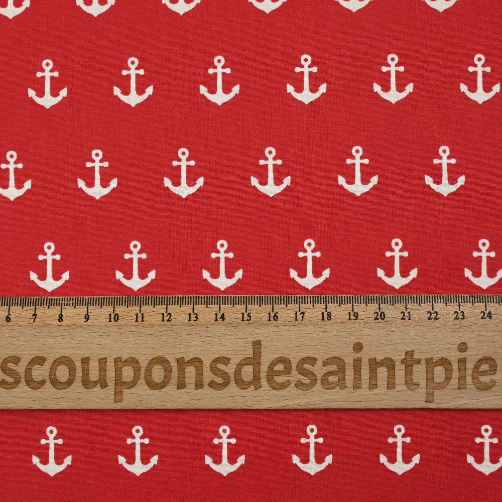 Coton imprimé ancre marine blanche fond rouge - Image 3