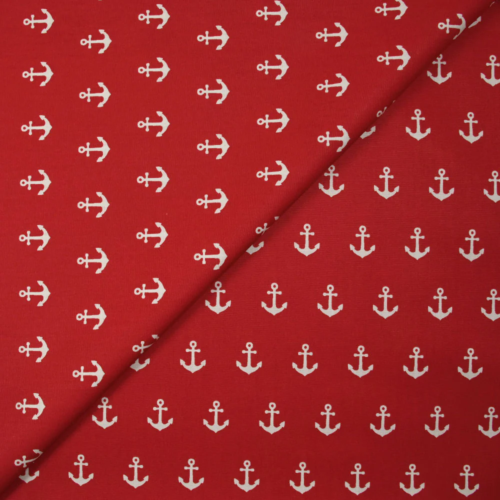 Coton imprimé ancre marine blanche fond rouge - Image 4