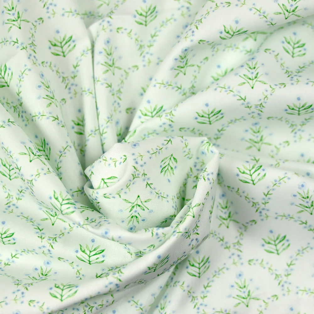 Coton imprimé arc de fleurs vert fond blanc cassé - Image 2