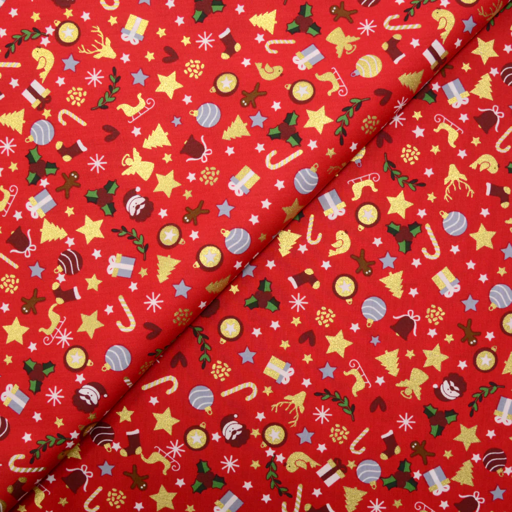 Coton imprimé et doré mix de noël fond rouge