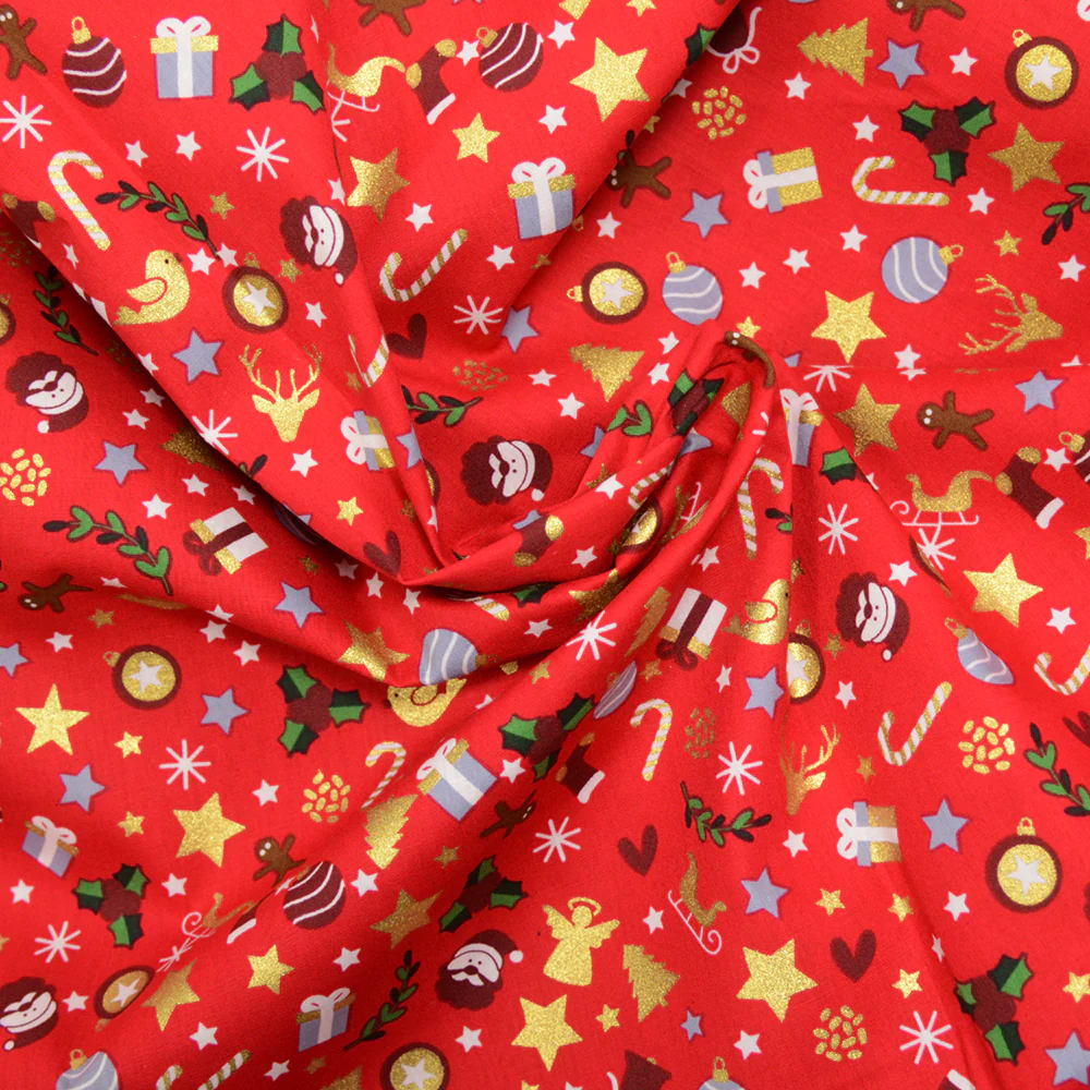 Coton imprimé et doré mix de noël fond rouge - Image 2