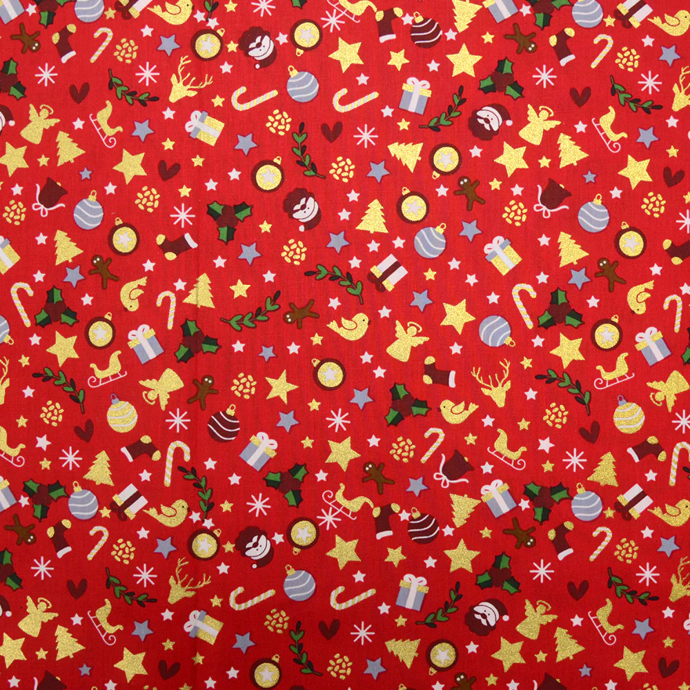 Coton imprimé et doré mix de noël fond rouge - Image 3