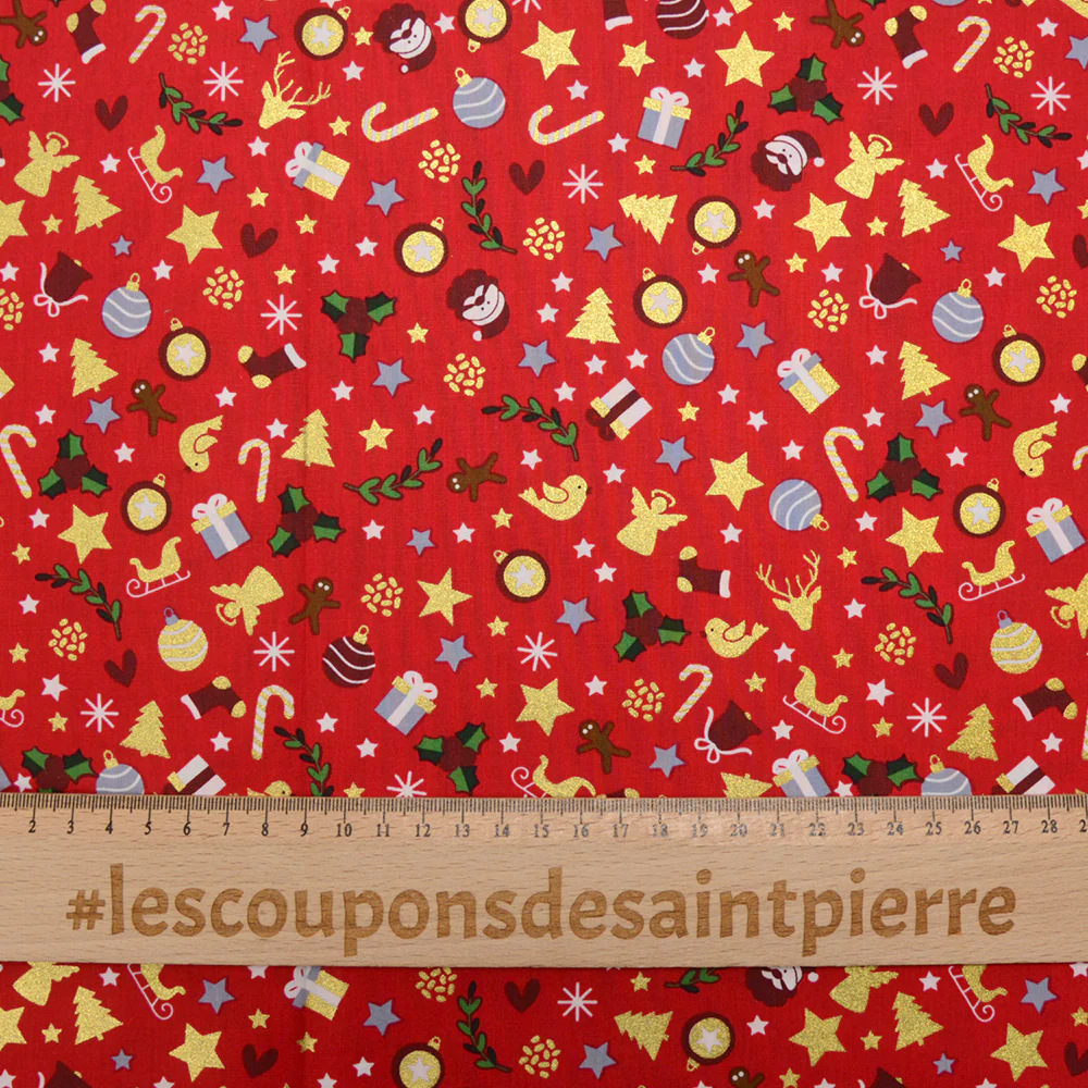 Coton imprimé et doré mix de noël fond rouge - Image 4