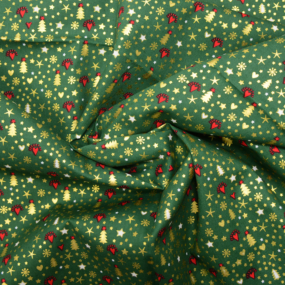 Coton imprimé et doré sapin et coeur fond vert - Image 2