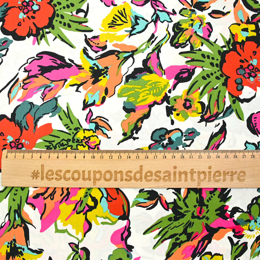 Coton imprimé fleur jaune et rose fond blanc - Image 3