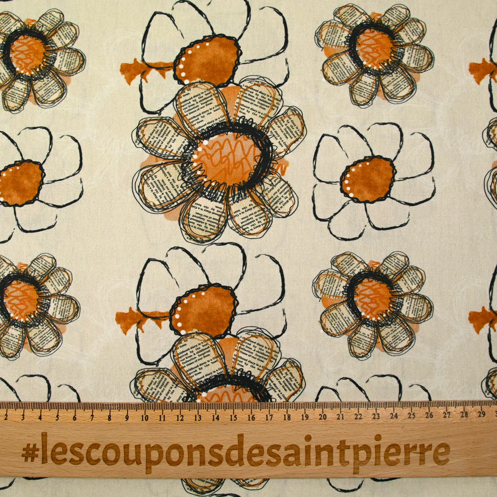 Coton imprimé fleur journal fond beige - Image 3