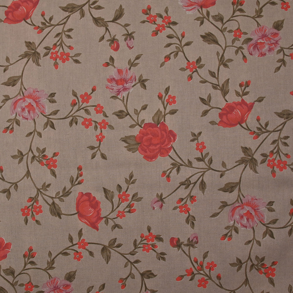 Coton imprimé fleur rouge fond taupe