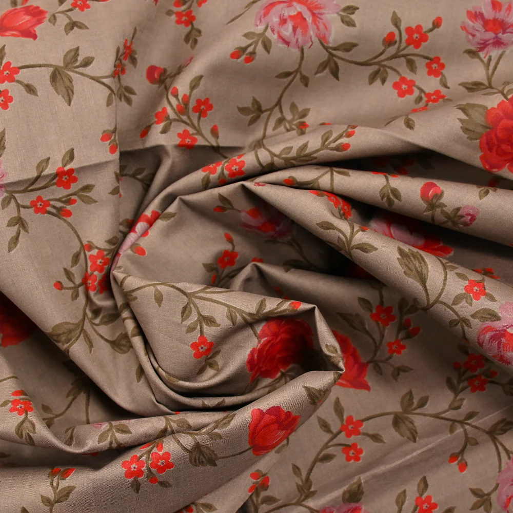 Coton imprimé fleur rouge fond taupe - Image 2