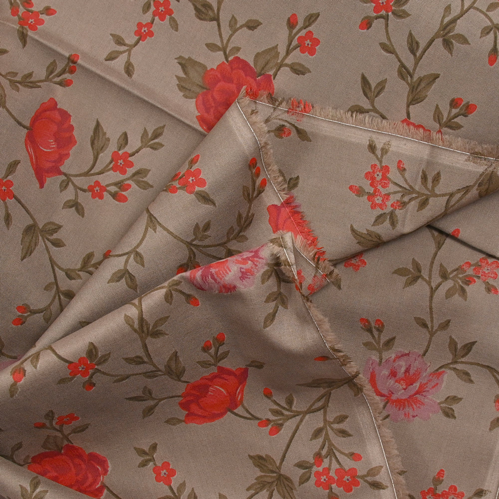 Coton imprimé fleur rouge fond taupe - Image 4