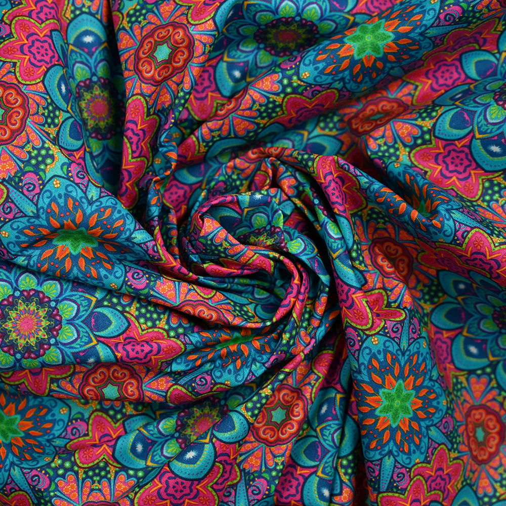 Coton imprimé mandala corail, bleu et rose - Image 2