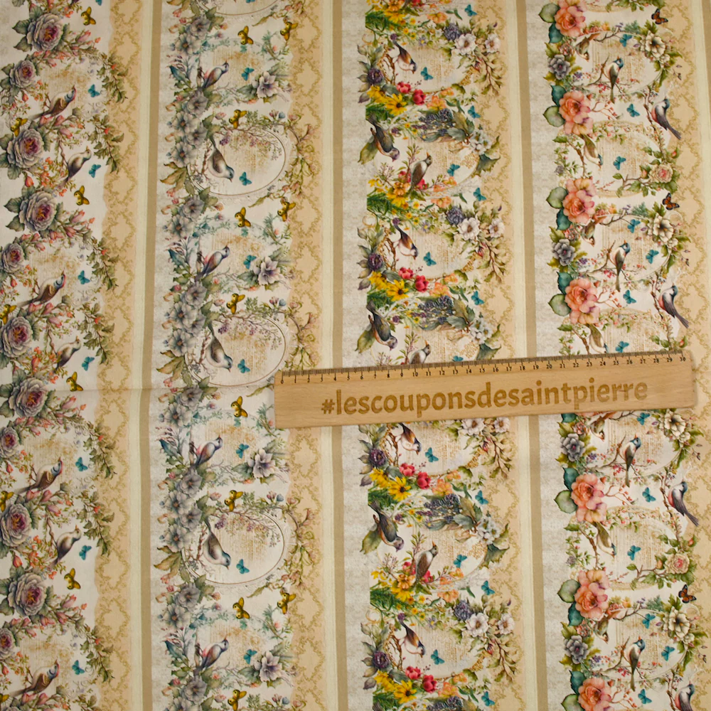 Coton imprimé oiseaux et papillons fond beige - Image 7