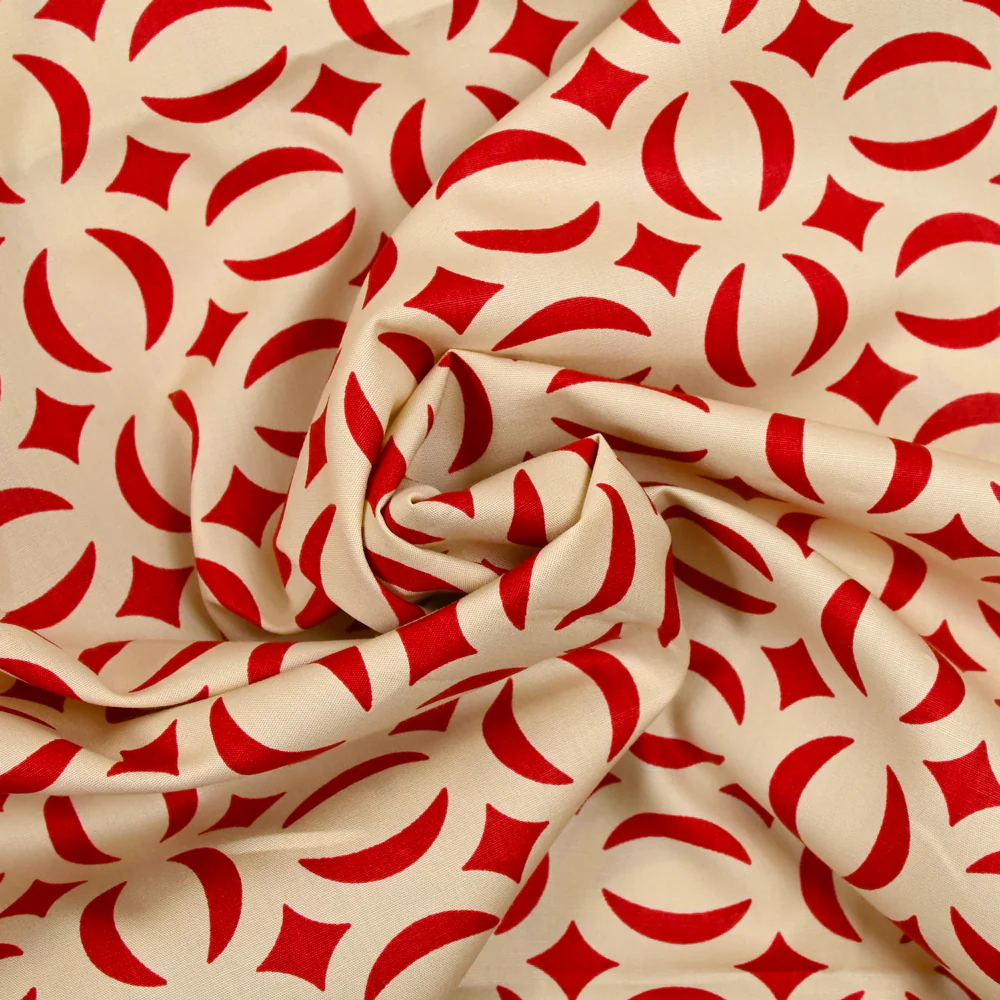 Coton imprimé parenthèse rouge fond beige - Image 2