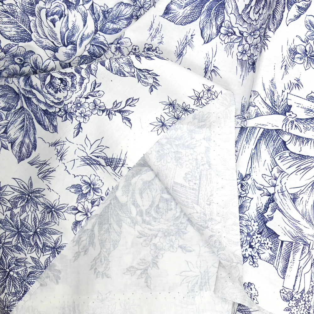Coton imprimé toile de jouy bleu - Image 3