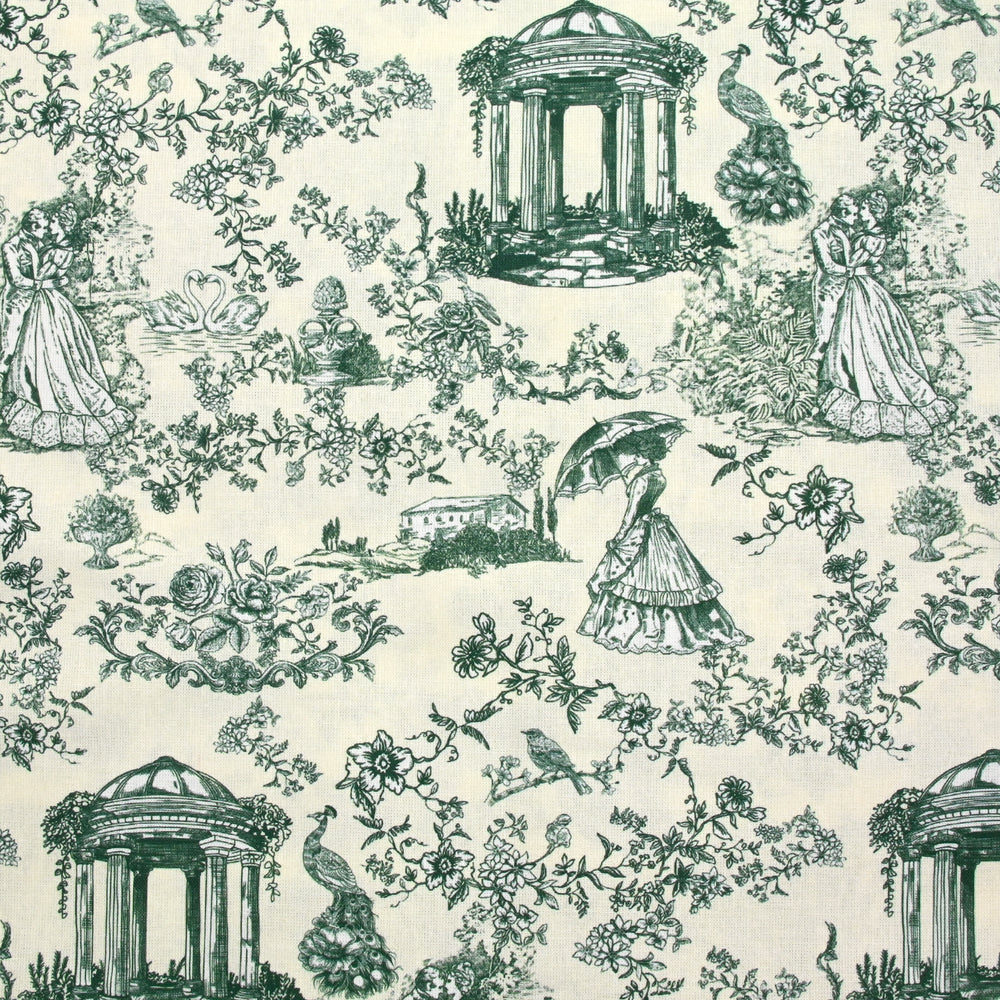 Coton imprimé toile de Jouy Maël vert fond écru