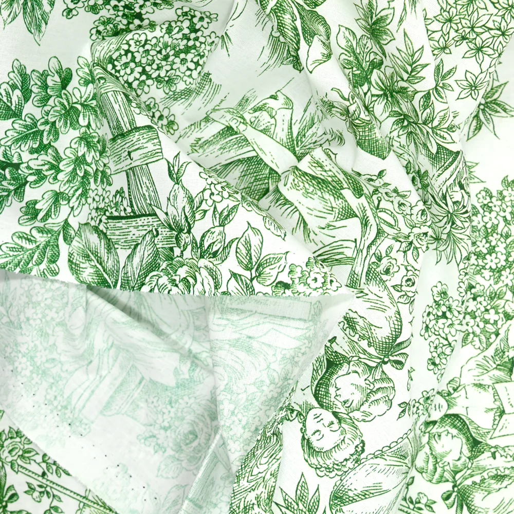 Coton imprimé toile de jouy vert - Image 4