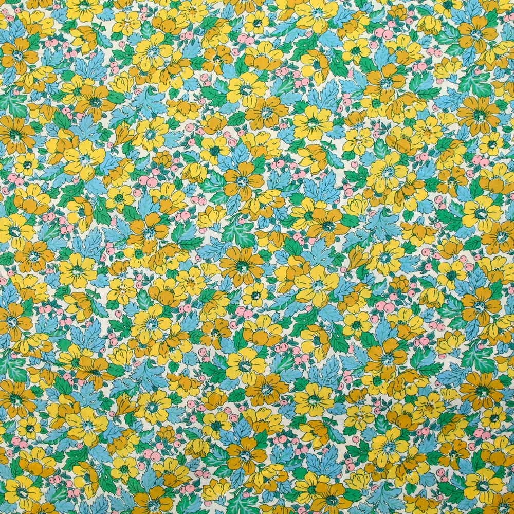 Coton liberty ® Dahlia Dream moutarde et bleu au mètre
