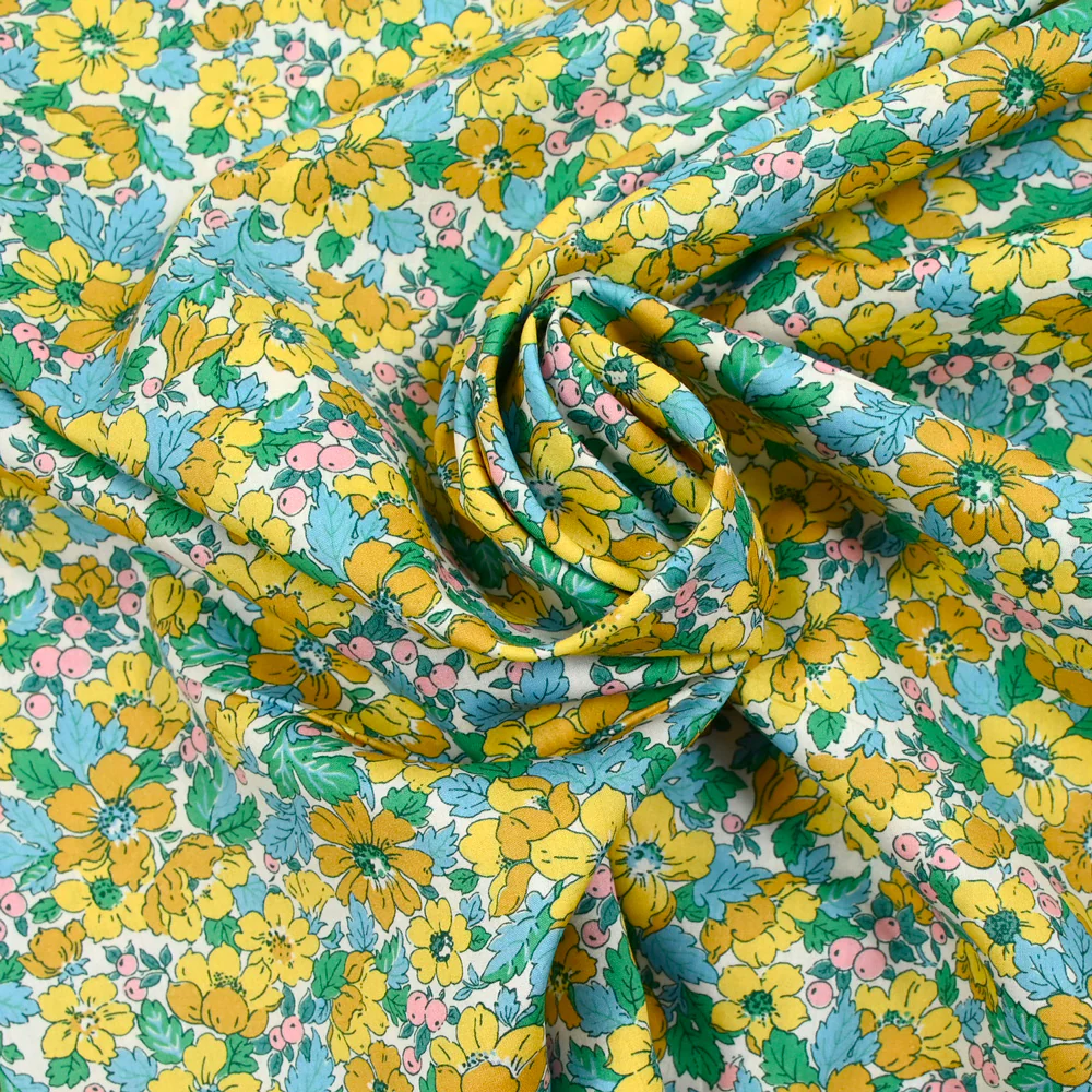 Coton liberty ® Dahlia Dream moutarde et bleu au mètre - Image 3