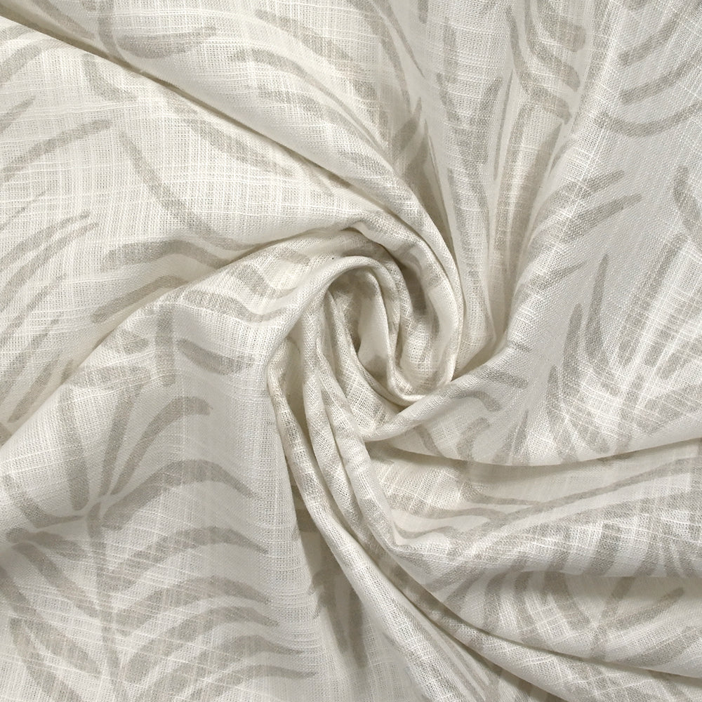 Coton tissé aspect lin imprimé feuillage gris fond blanc cassé - Image 2