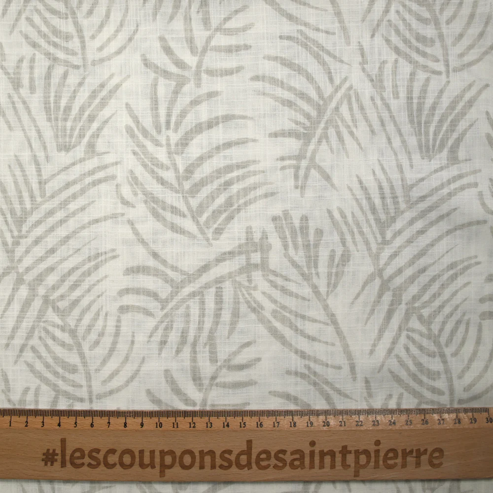 Coton tissé aspect lin imprimé feuillage gris fond blanc cassé - Image 3