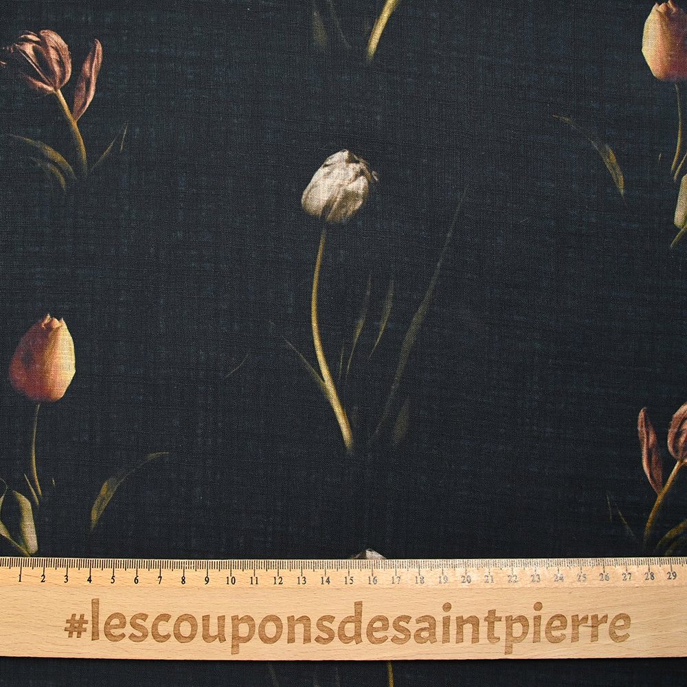 Coton tissé aspect lin imprimé ombre de tulipes fond noir - Image 3