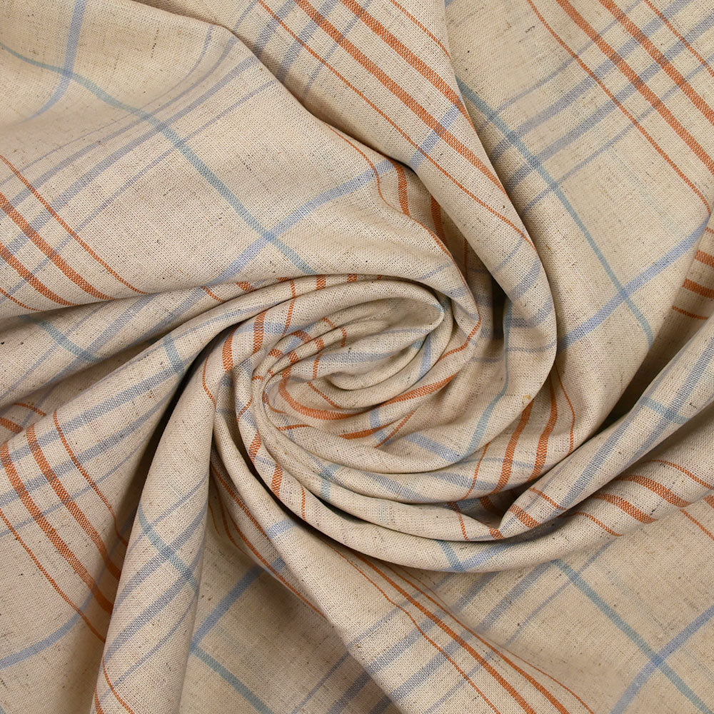 Coton tissé teint carreaux ciel et marron fond beige chiné - Image 2