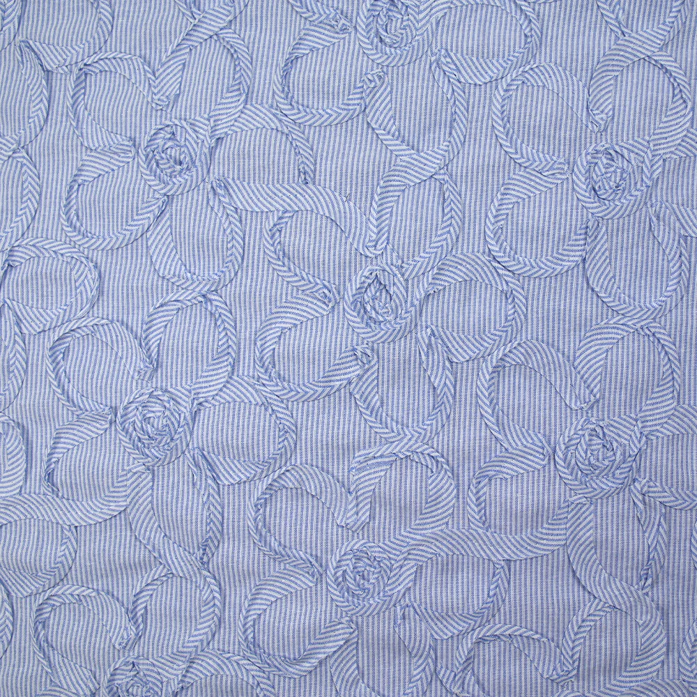 Coton tissé-teint rayé fleurs brodées en relief bleu et blanc