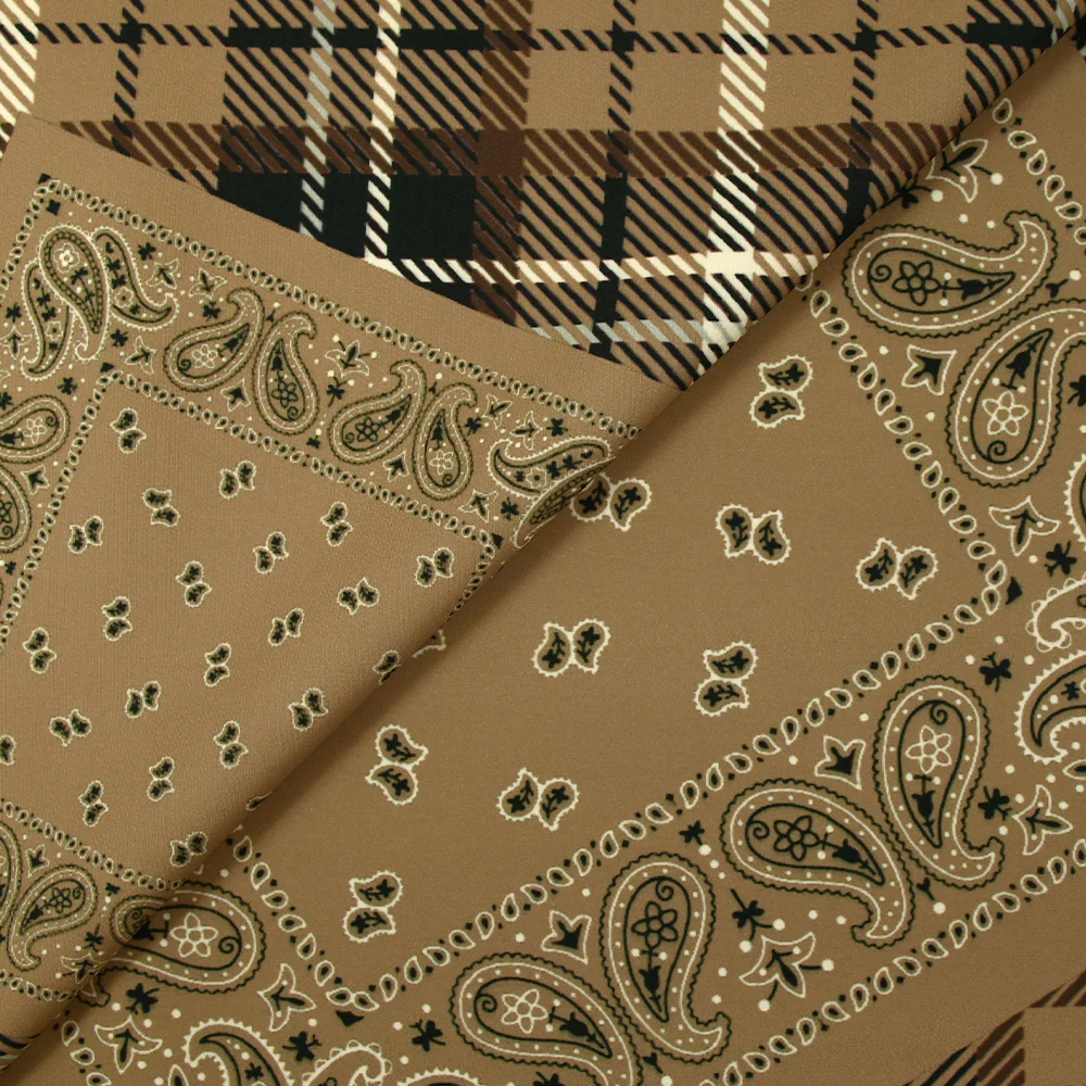 Crêpe lourd imprimé tartan et bandana fond marron - Image 4
