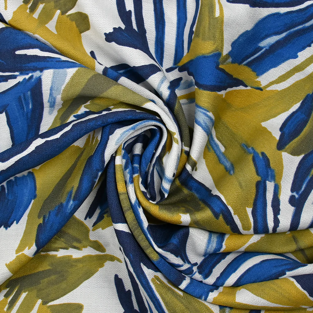 Crêpe viscose imprimé jungle anis et bleu fond blanc - Image 2