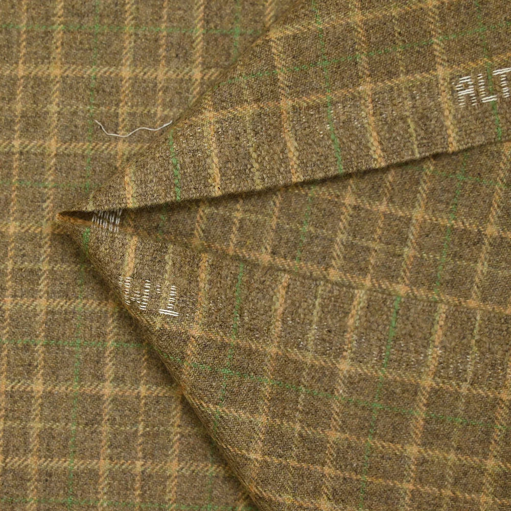 Flanelle laine mélangée carreaux jaune et vert fond beige - Image 4