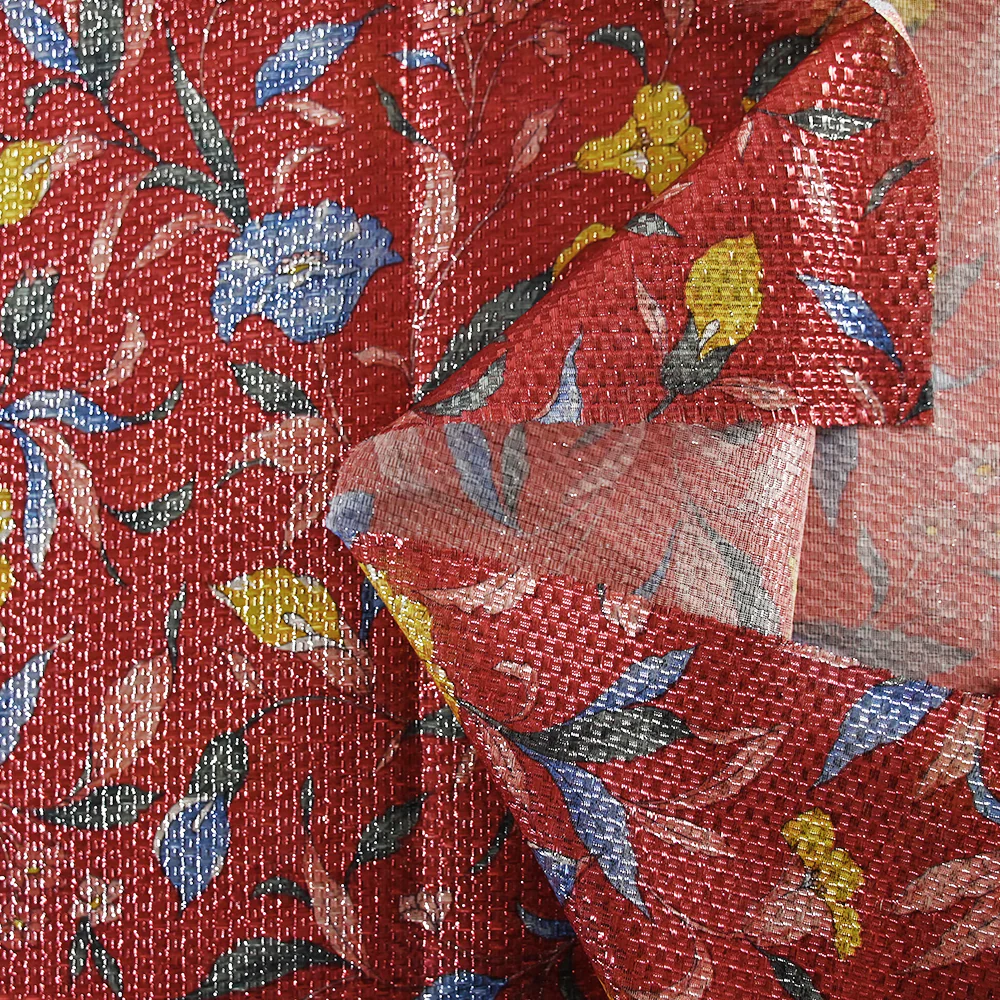 Jacquard polyester lamé champêtre fond rouge - Image 4
