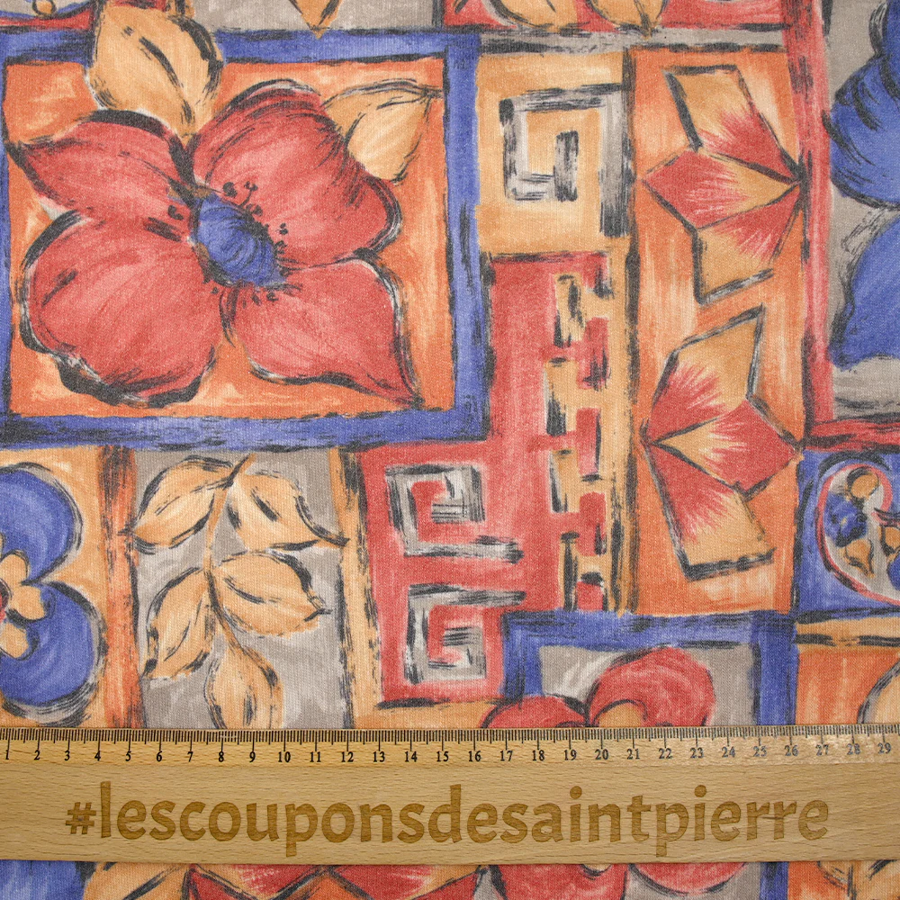 Jersey de polyester imprimé peinture en patchwork bleu, rouge et orange - Image 3