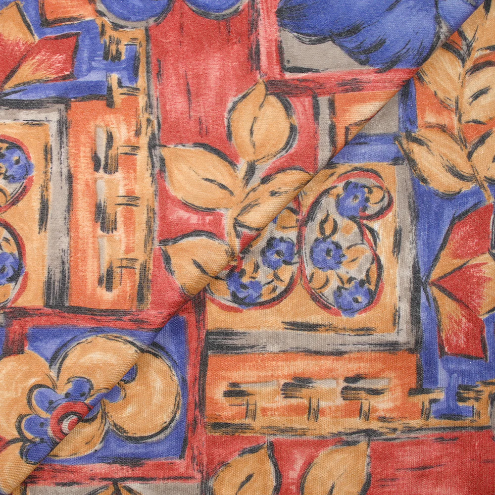 Jersey de polyester imprimé peinture en patchwork bleu, rouge et orange - Image 4