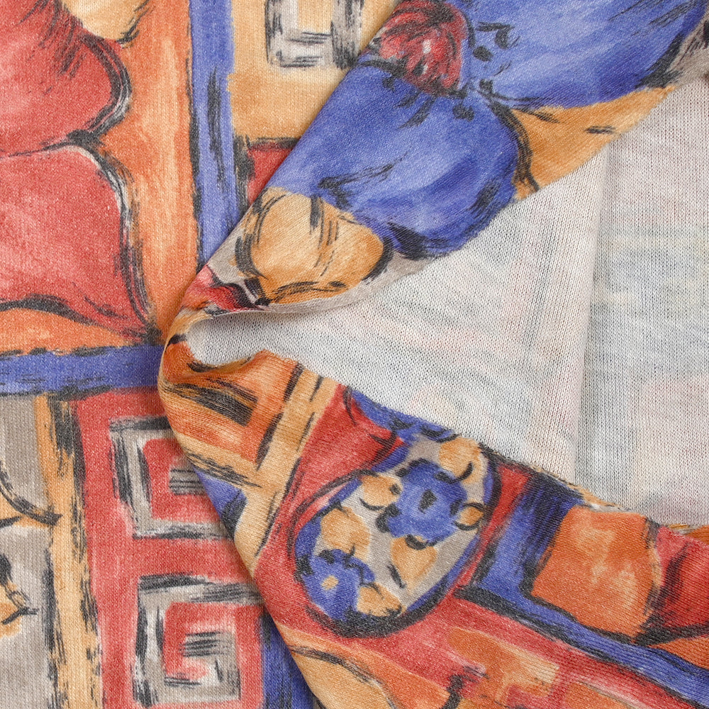 Jersey de polyester imprimé peinture en patchwork bleu, rouge et orange - Image 5