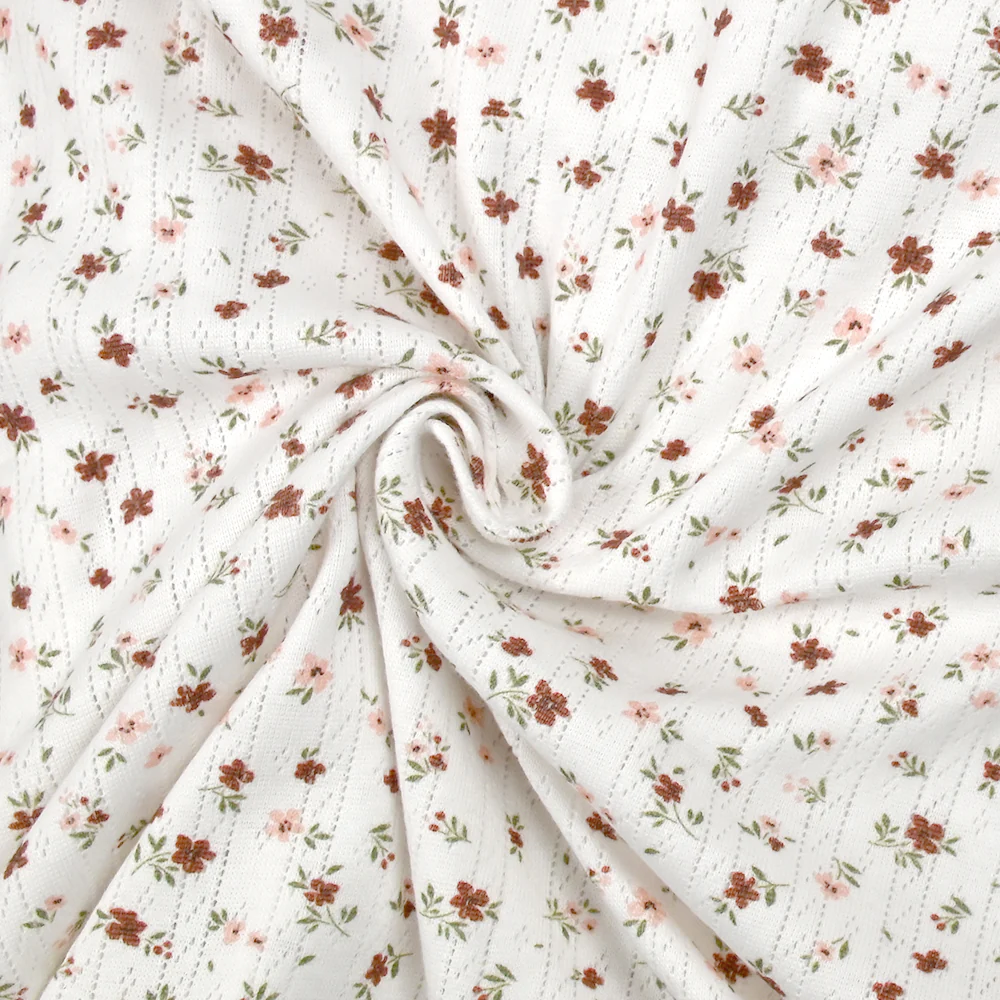 Jersey pointelle coton imprimé envolée de fleurs rose et brique fond blanc cassé - Image 2