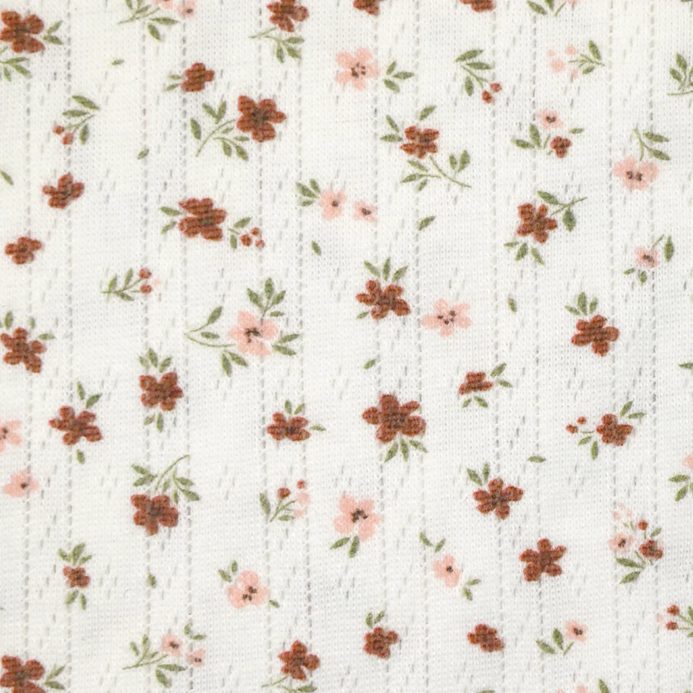 Jersey pointelle coton imprimé envolée de fleurs rose et brique fond blanc cassé - Image 4