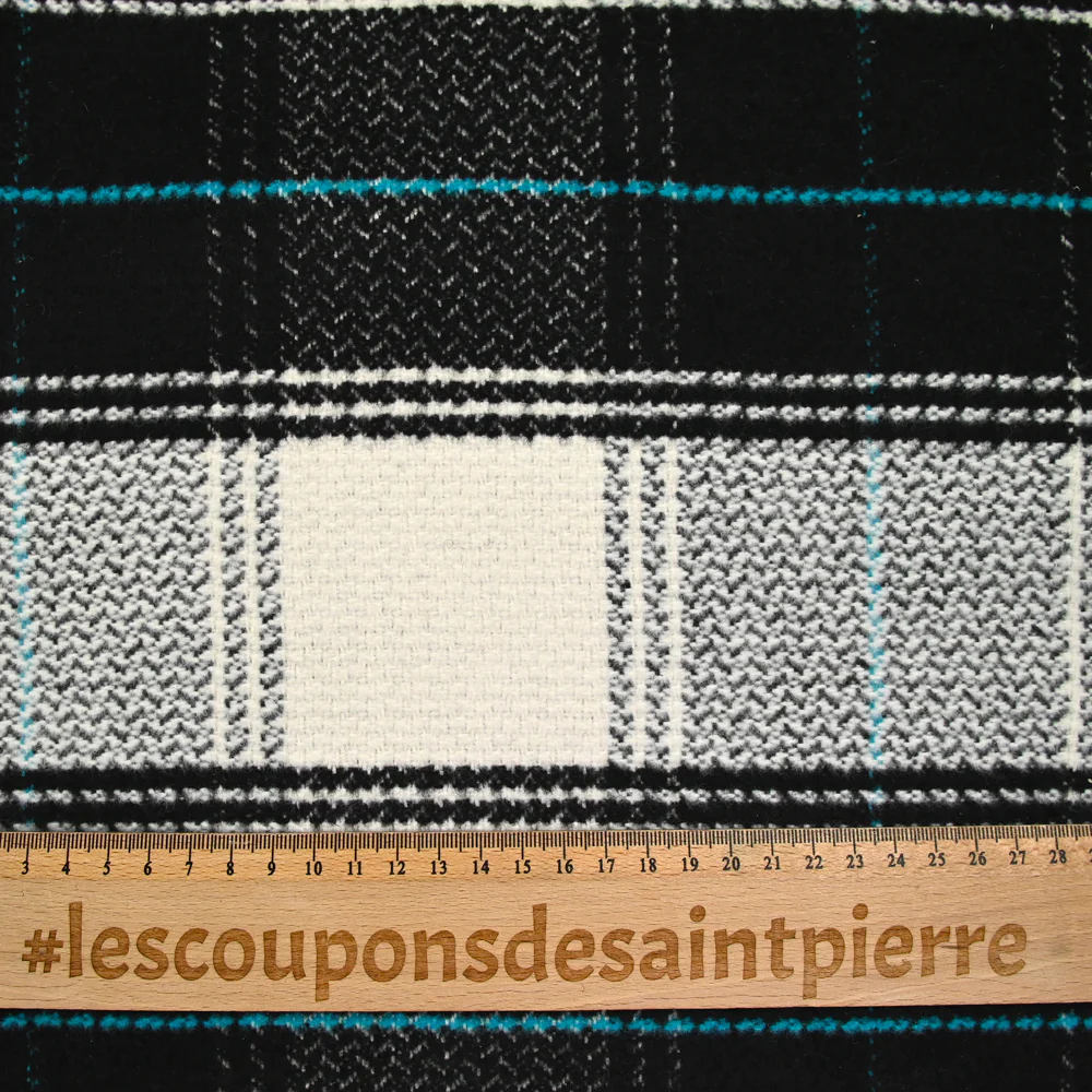 Lainage polyester à carreaux noir ligne turquoise - Image 3