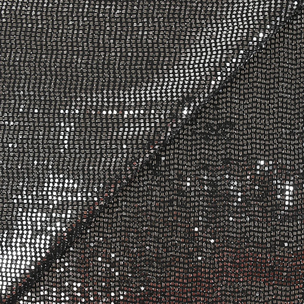 Maille Lurex polyester à paillettes argentées rayées fond noir
