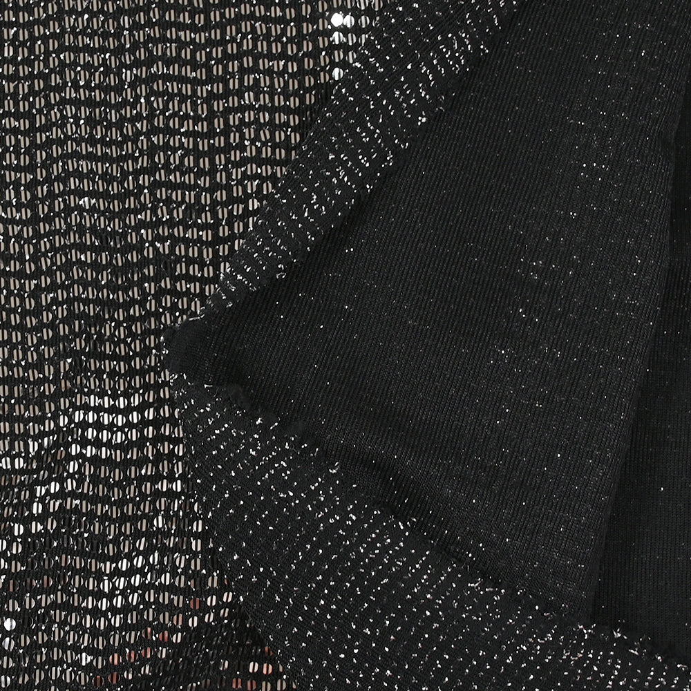 Maille Lurex polyester à paillettes argentées rayées fond noir - Image 5