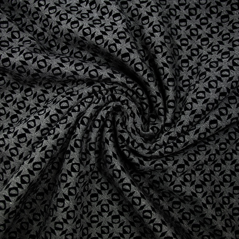 Maille Milano polyester géométrique floqué velours noir fond gris anthracite - Image 2