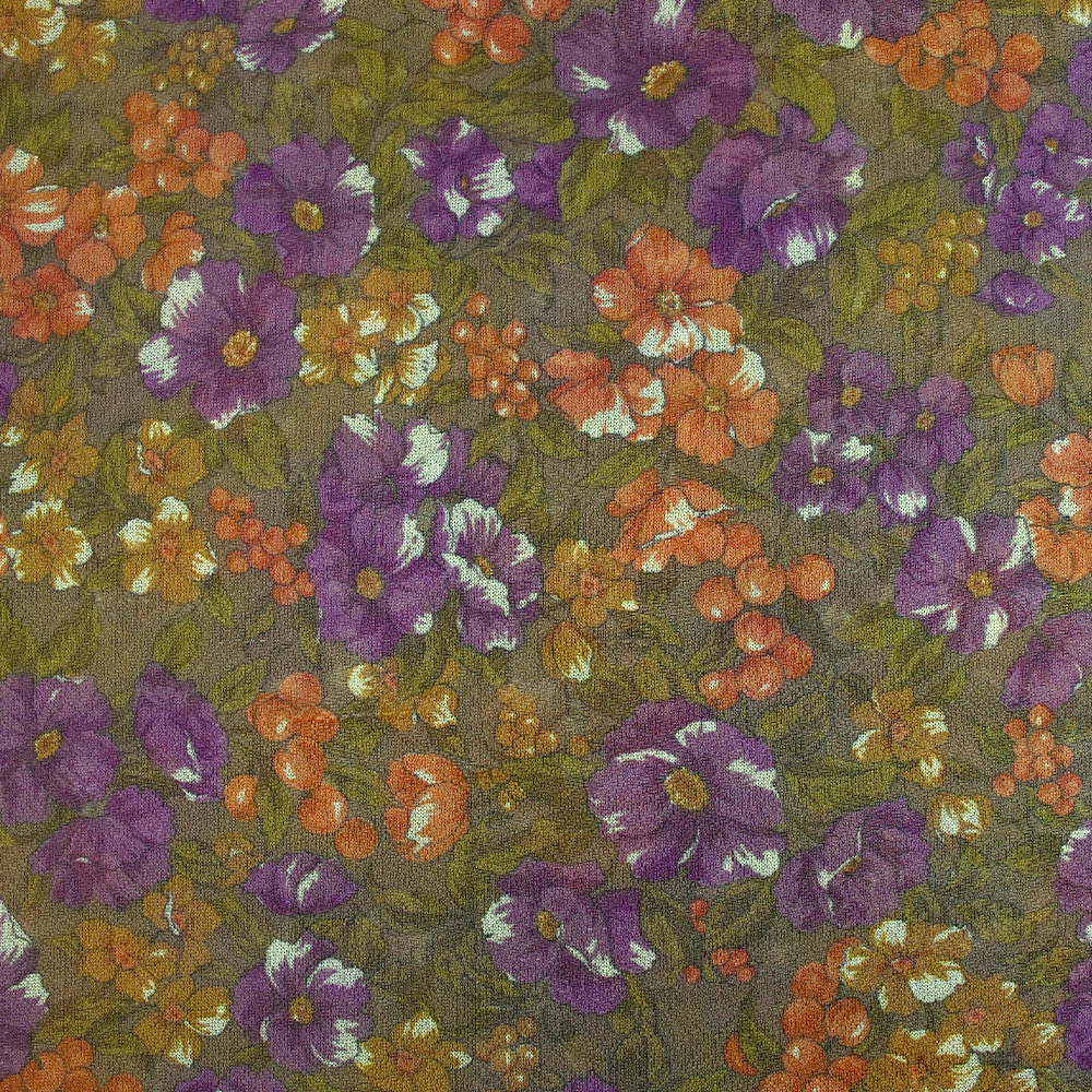Maille polyester lamée fleurs violet et orange fond marron - Image 4