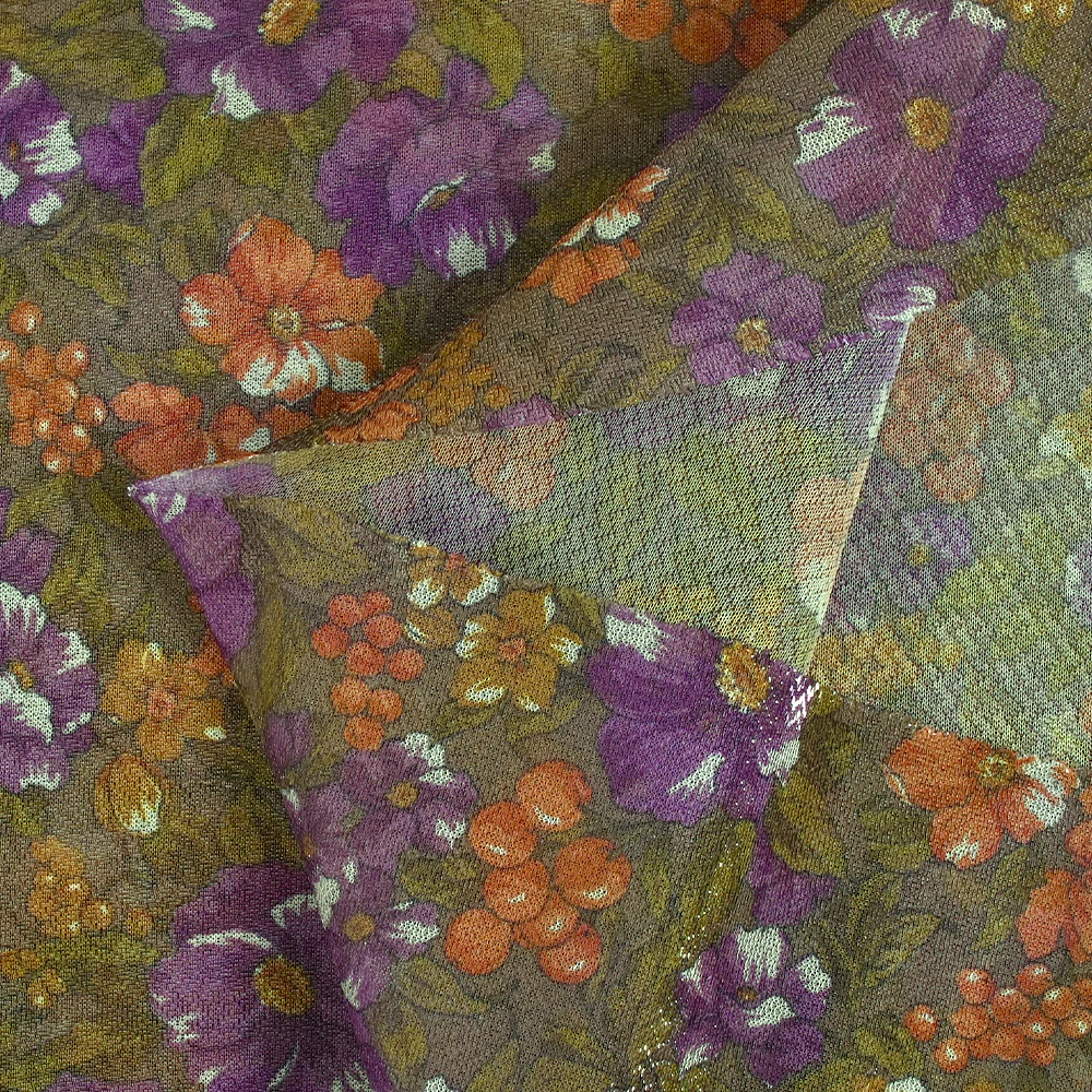 Maille polyester lamée fleurs violet et orange fond marron - Image 5
