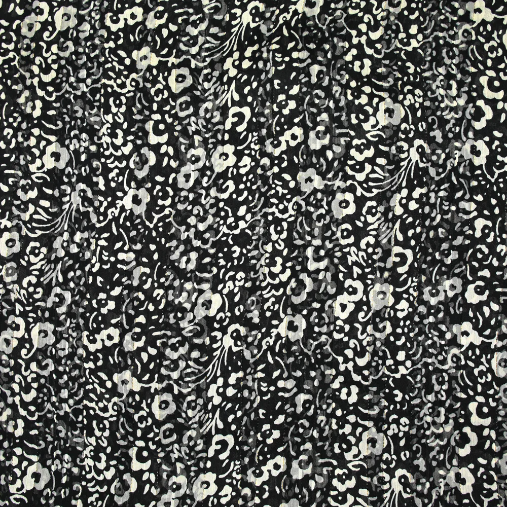 Mousseline imprimée bande satin fleurs fond noir