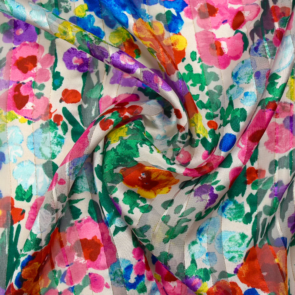 Mousseline imprimée bande satin Flora rose, violet et vert fond blanc - Image 2